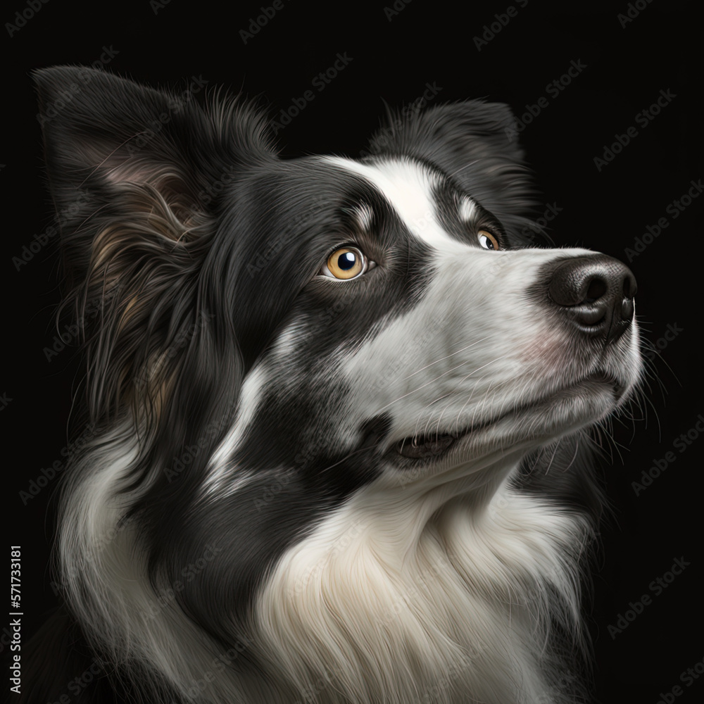 Generative AI. Portrait of a Border collie dog face closeup, detailed cinema graphic with shallow depth of field Generative AI. Portrait of a Border collie dog face closeup, detailed cinema graphic with shallow depth of field