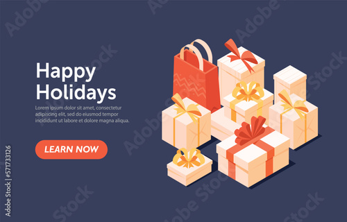 Happy holiday gift boxes. Advertising poster or banner for website, design ldending page. Present or surprise. Discounts and promotions, special offer, bonuses. Cartoon isometric vector illustration