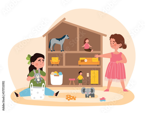 Playing with dolls playhouse. Girls with toys, rabbit, horse, elephant and train. Joint entertainment, girlfriends spend time together. Little kids on carpet floor. Cartoon flat vector illustration