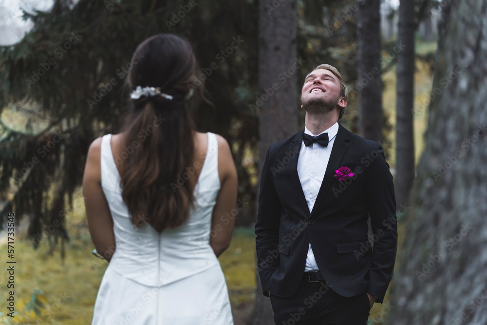 Bride and Groom first look at the autumn park. High quality photo Bride and Groom first look at the autumn park. High quality photo