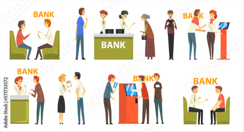 Male and female clients sitting and talking to managers in bank set. Public access to financial services cartoon vector Illustration