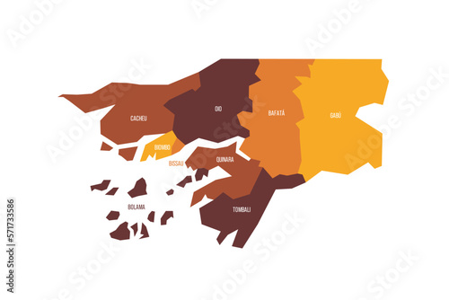 Guinea-Bissau political map of administrative divisions - regions and autonomous sector of Bissau. Flat vector map with name labels. Brown - orange color scheme. photo