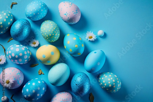 Beautiful colored Easter eggs on blue background with copy space. Illustration AI