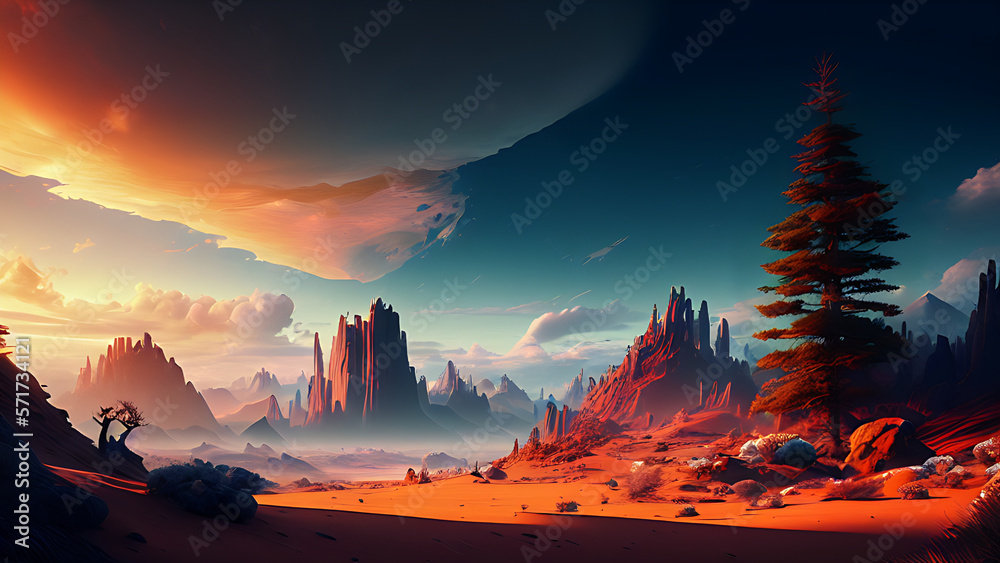 Etherealpunk landscape, desktop wallpaper, concept art - desert area with one large tree 
