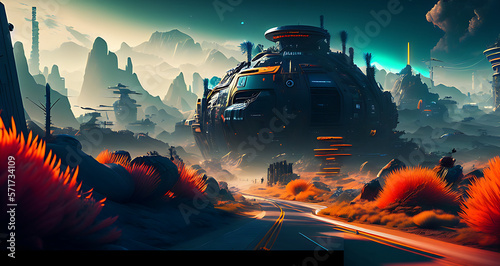 Electropunk landscape, desktop wallpaper, concept art - sphere building with a road leading to it base of the mountains 