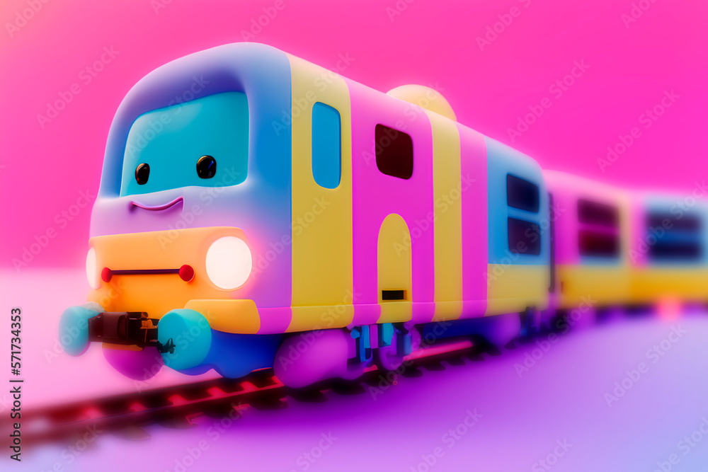 Fototapeta premium Children's train in motion on rails. Bright colorful toy train on pink and purple background. Generative AI 