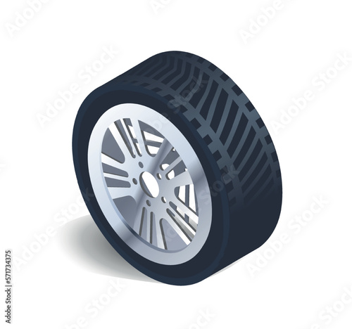 Car tire concept. Wheel of vehicle and transport, machine part for repair. Tuning and modernization of protector. Realistic isometric vector illustrations isolated on white background