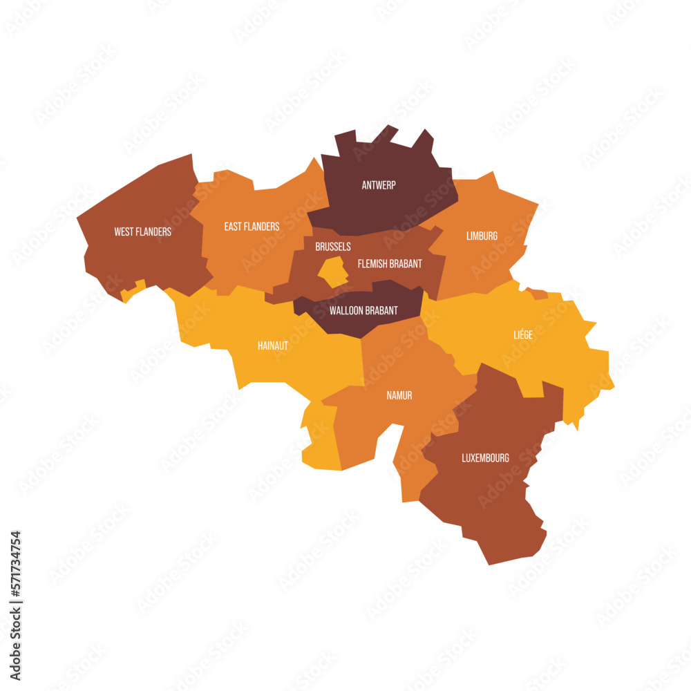Belgium political map of administrative divisions - provinces. Flat vector map with name labels. Brown - orange color scheme.