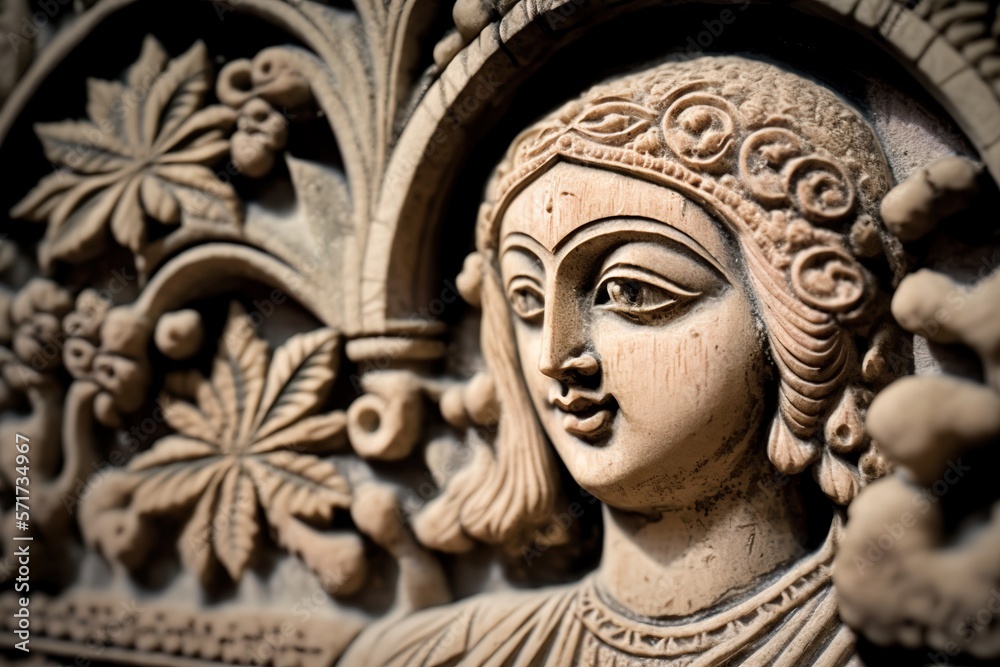 Close-up of intricate stone carving or fresco with detailed patterns and images, concept of Relief Sculpture and Mosaic Art, created with Generative AI technology