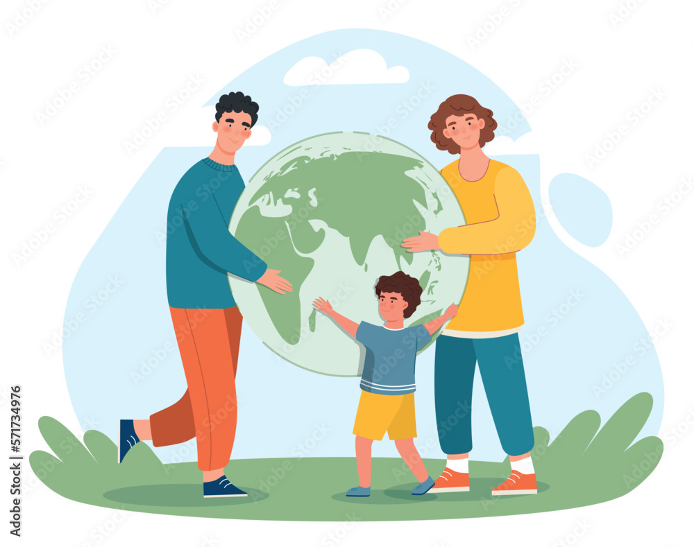 Family saving planet. Man and woman with child on background of globe. Father, mother and their son care about environment. Responsible and eco friendly society. Cartoon flat vector illustration