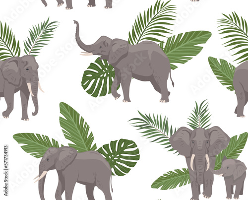 Elephant seamless pattern. Repeating element for printing on fabric. Tropical and exotic grey animal on background of leaves. Jungle, fauna and flora, wild life. Cartoon flat vector illustration