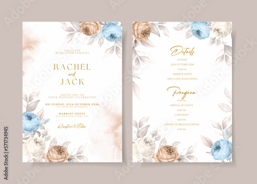 Watercolor wedding invitation template set with beautiful blue and rust floral and leaves decoration