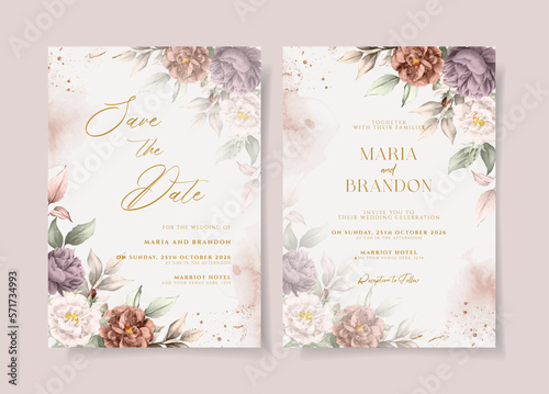 Watercolor wedding invitation template set with beautiful floral and leaves decoration