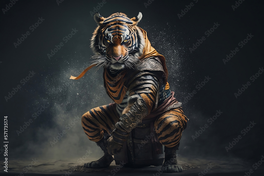 Tigre hyper réaliste pratiquant un art martial, habillé comme un humain
