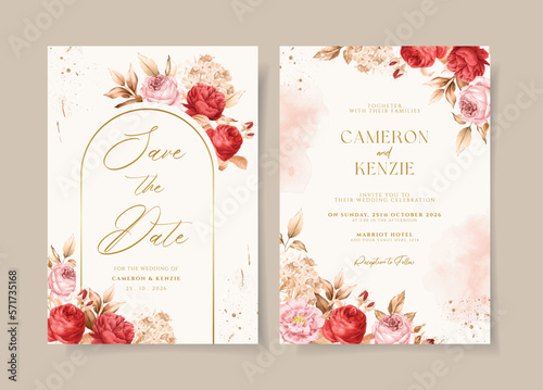 Boho wedding invitation template set with romantic red and pink dried floral and leaves decoration