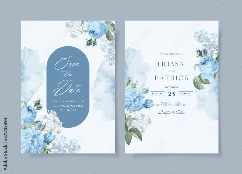 Watercolor wedding invitation template set with beautiful  blue floral and leaves decoration