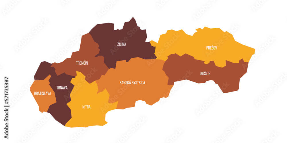 Slovakia political map of administrative divisions - regions. Flat vector map with name labels. Brown - orange color scheme.