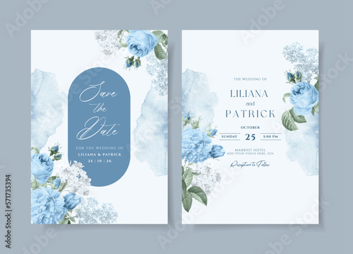 Watercolor wedding invitation template set with beautiful  blue floral and leaves decoration