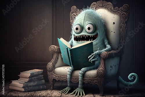 Old ghost monster reading book in chair, concept of Mystery and Comfort, created with Generative AI technology