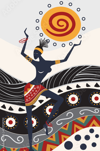 Dancing african woman. Traditional tribal dance, afro culture traditions vector cartoon illustration