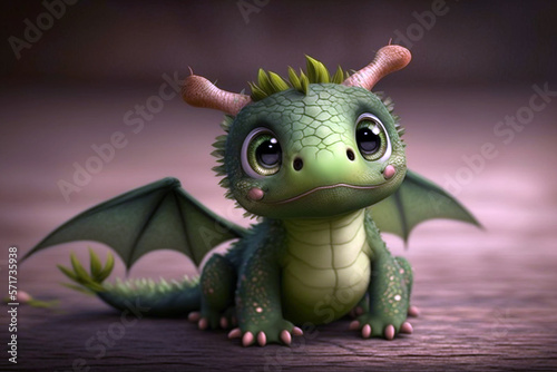 Very cute green little baby dragon. CG artwork concept. Generative AI illustration © ardanz