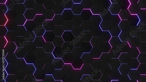 Seamless dark modern animation of hexagonal shapes in black from top view with a pink, orange and cyan colored backlight. Futuristic modern background. 3D illustration.	