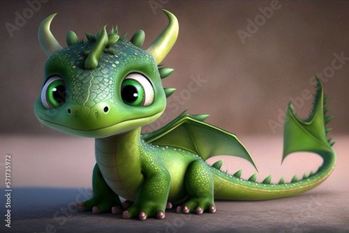 Super cute green little baby dragon. CG artwork concept. Generative AI illustration © ardanz