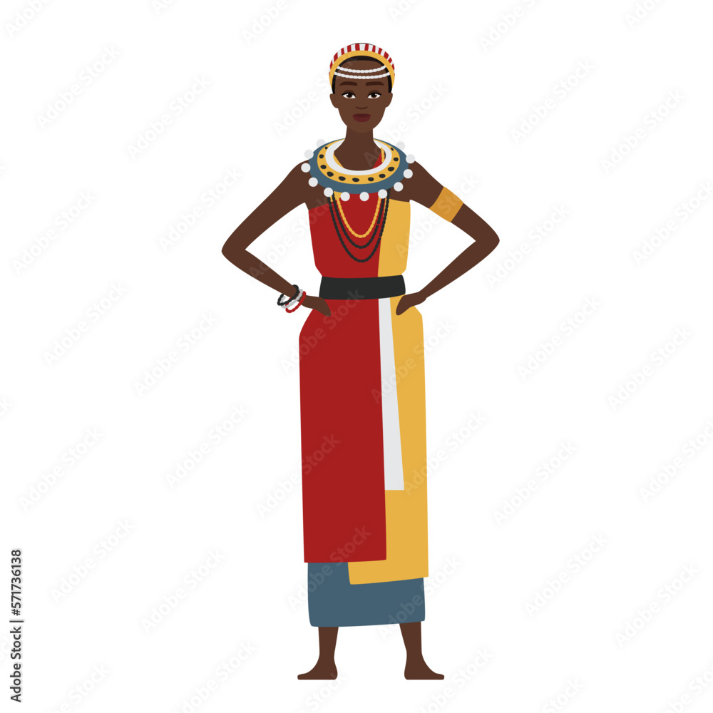 Traditional dressed african woman. Tribal ethnic clothes dress vector cartoon illustration