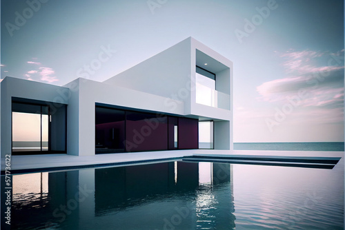 Beautiful contemporary residential villa with modern architecture, swimming pool and sea view. Generative AI illustration © ardanz