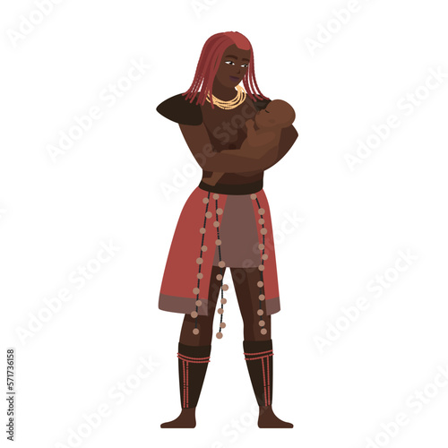 African man holding his baby. Traditional dressed tribal people vector cartoon illustration