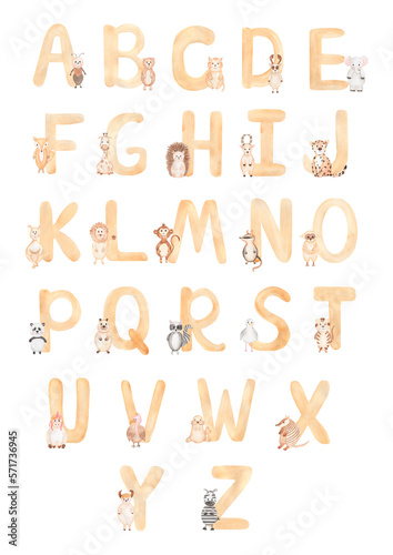 Watercolor hand painted english animal alphabet. Modern trendy lettering elements . ABC symbol, latin print poster. Design for baby wall art. Alphabet with cute animals, children design