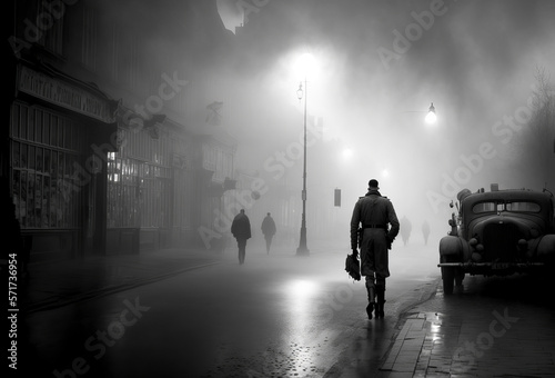 Artwork of historical World War Two city streets black and white photo. Smoke and fog.