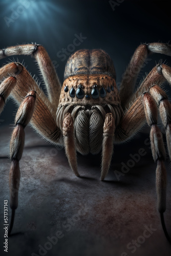 Photorealistic macro closeup portrait of a spider in the studio. Generative ai.