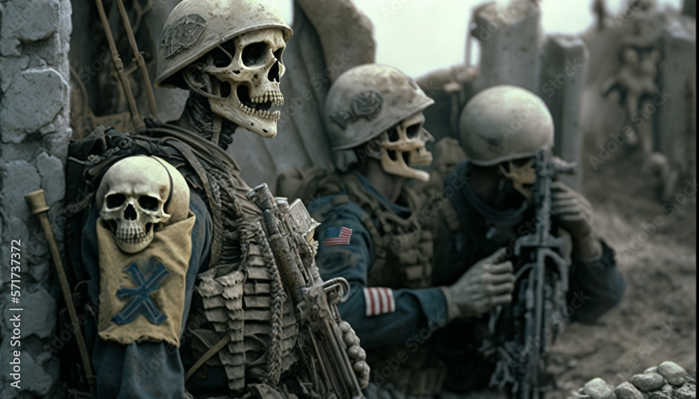 Photorealistic artwork of skeleton soldiers representing the realities of warfare. Generative ai. Photorealistic artwork of skeleton soldiers representing the realities of warfare. Generative ai.