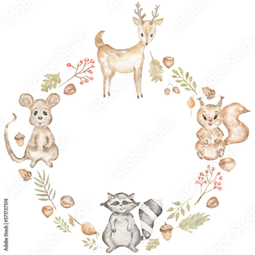 Cute cartoon watercolor forest animals wreath. Hand painted lovely baby dear, mouse, recoon and little squirrel with floral wreath. illustration perfect for print and card making. Woodland frame