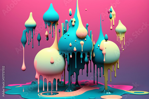 Surrealism paint drips and bloops with colorful soft pastel color on pink background. Generative AI illustration