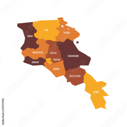 Armenia political map of administrative divisions - provinces and autonomous city of Yerevan. Flat vector map with name labels. Brown - orange color scheme.