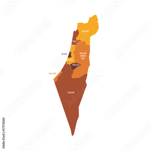 Israel political map of administrative divisions - districts, Gaza Strip and Judea and Samaria Area. Flat vector map with name labels. Brown - orange color scheme.