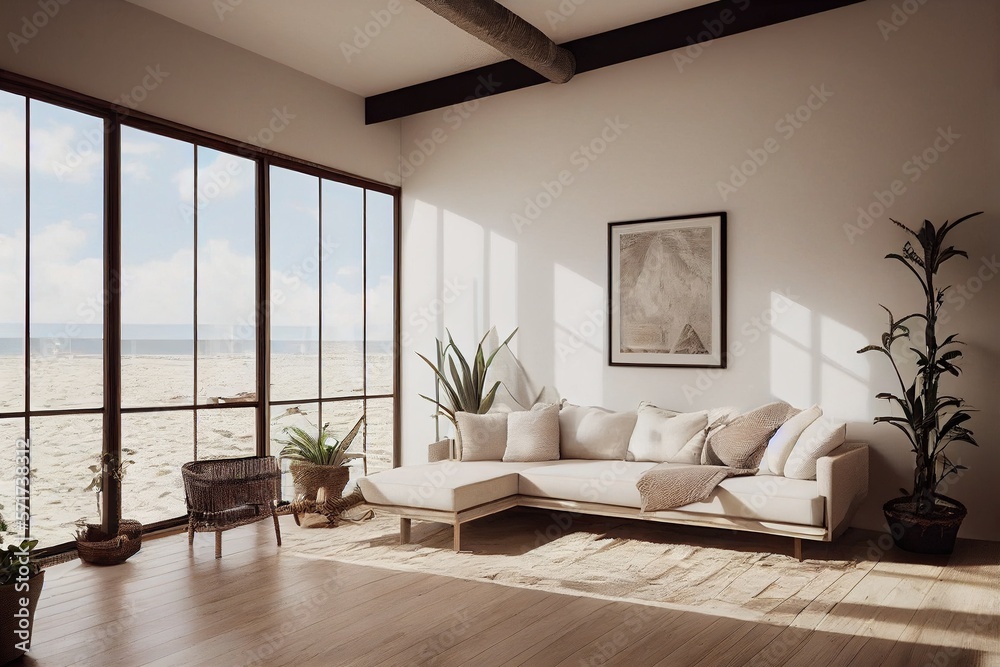 Luxurious Modern Beach house interior Living room with ocean views large  windows natural daylight Summer Spring Vibes minimal staged furniture made  with Generative Ai Illustration Stock
