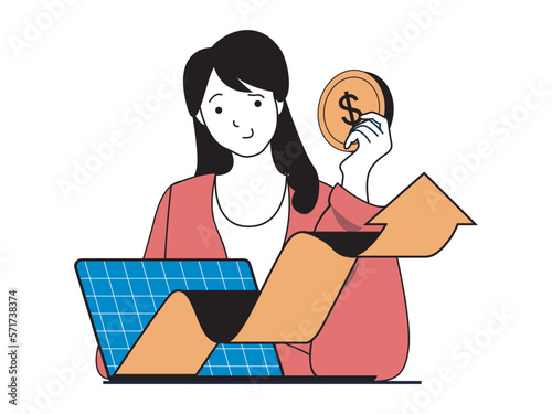 Digital business concept with character situation. Businesswoman improves work processes in company and gets profit growth and profit. Vector illustrations with people scene in flat design for web