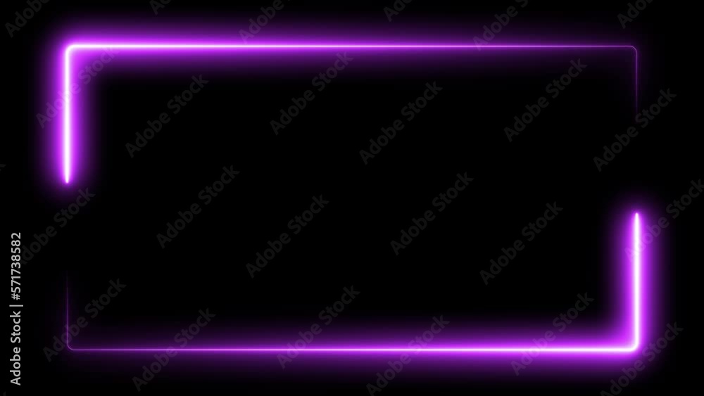 Purple laser effect neon glowing frame background. repetitive motion animation and flashing. Bright neon light effect isolated on black. 4K graphic animation video