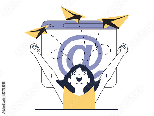 Digital marketing concept with character situation. Woman makes advertising mailing with offers for buyer and information about business. Vector illustrations with people scene in flat design for web