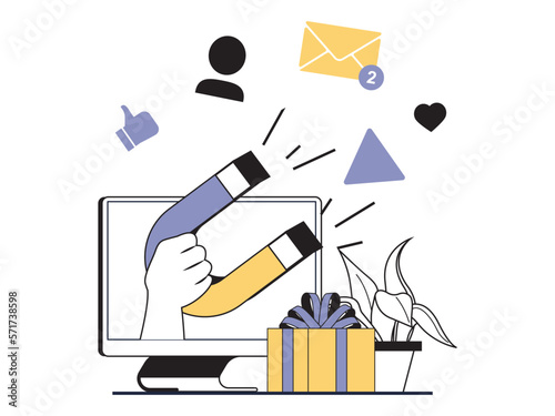 Digital marketing concept with character situation. Advertising and online promotion, attracting new customers with magnet and gifts. Vector illustrations with people scene in flat design for web