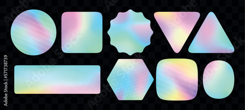Vector holographic color stickers set. Metallic iridescent emblems template.