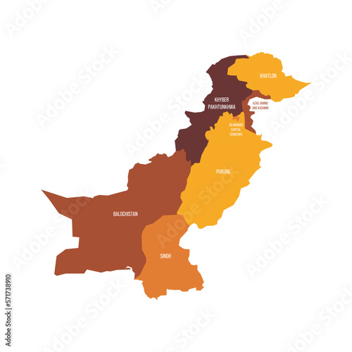 Pakistan political map of administrative divisions - provinces and autonomous territories. Flat vector map with name labels. Brown - orange color scheme.