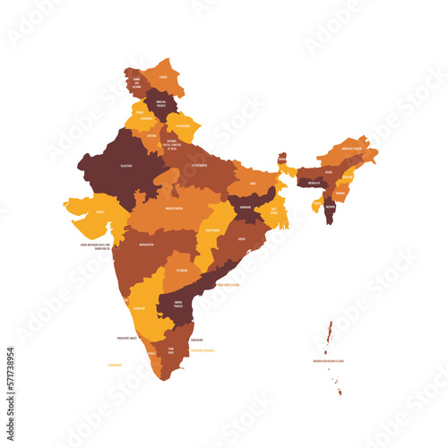 India political map of administrative divisions - states and union teritorries. Flat vector map with name labels. Brown - orange color scheme.