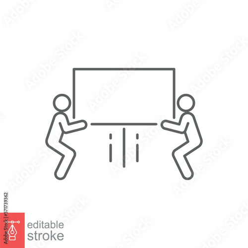 Team lift big box line icon. Simple outline style. For your safety, delivery, 2 man, person, moving, cargo, shipping concept. Vector illustration isolated on white background. Editable stroke EPS 10.
