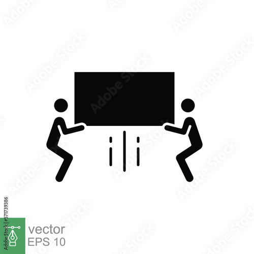 Team lift big box glyph icon. Simple solid style. For your safety, delivery, 2 man, two person, moving, cargo concept. Black silhouette, vector illustration isolated on white background. EPS 10.