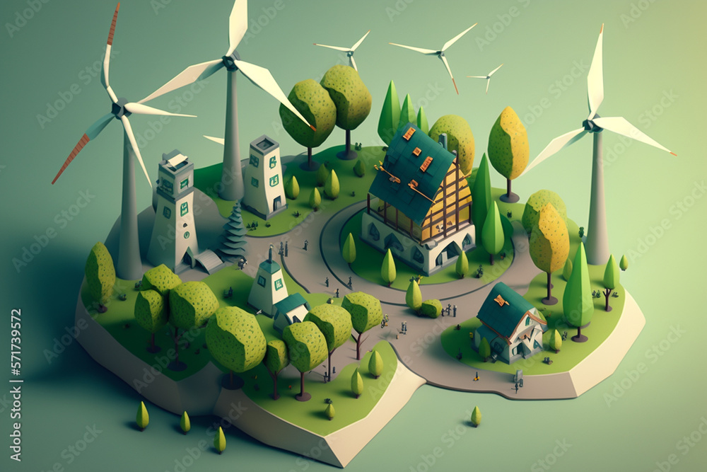 isometric image of a city with green energy, windmills, solar panels ...