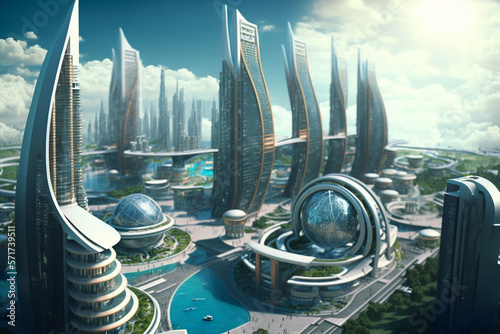 3d high-tech concept of a big city in the metaverse, virtual space,incorporating futuristic elements like floating platforms, holographic displays, and interactive water features, renewable energy